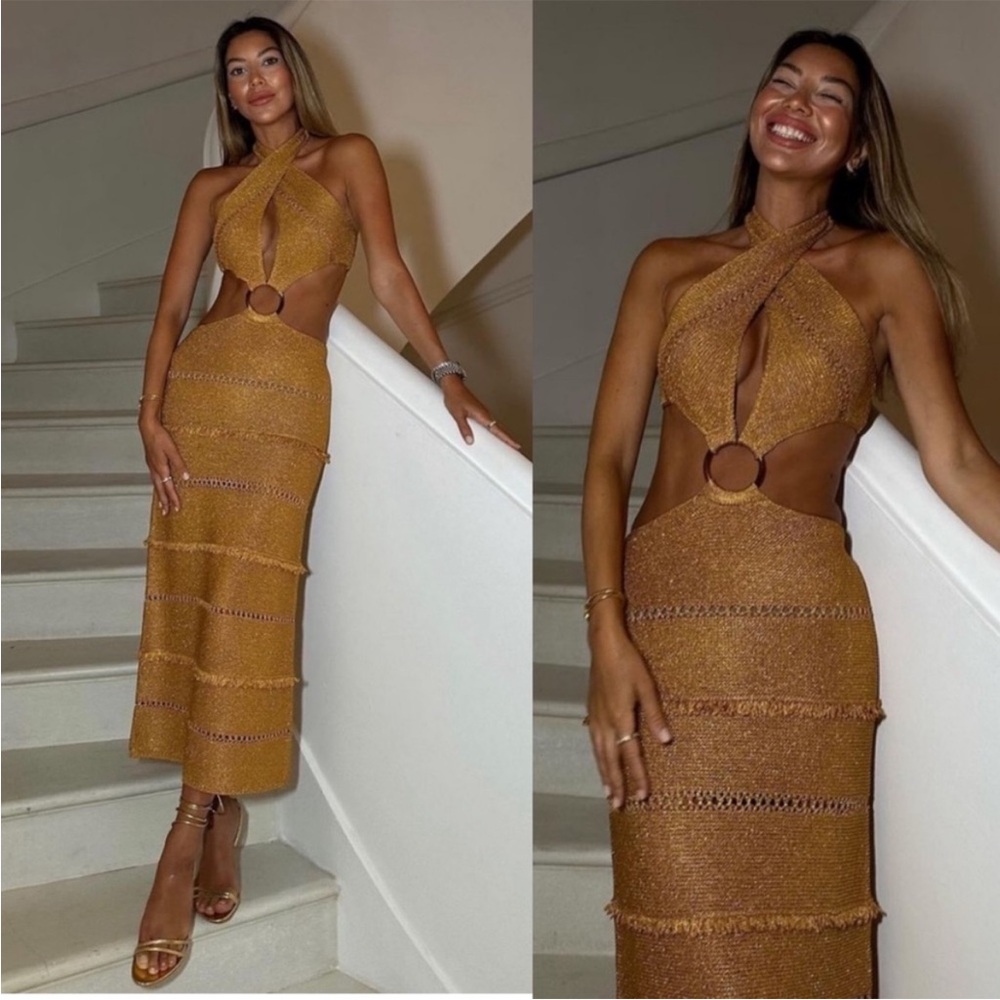 Zara Gold Metallic Knit Buckle Dress